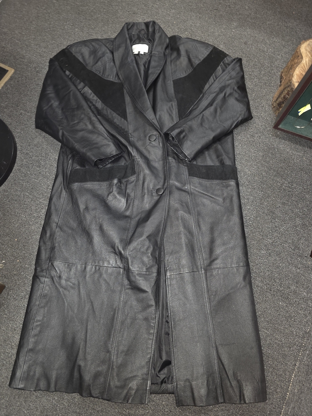 Vintage Studio C Black Leather Long Trench Coat